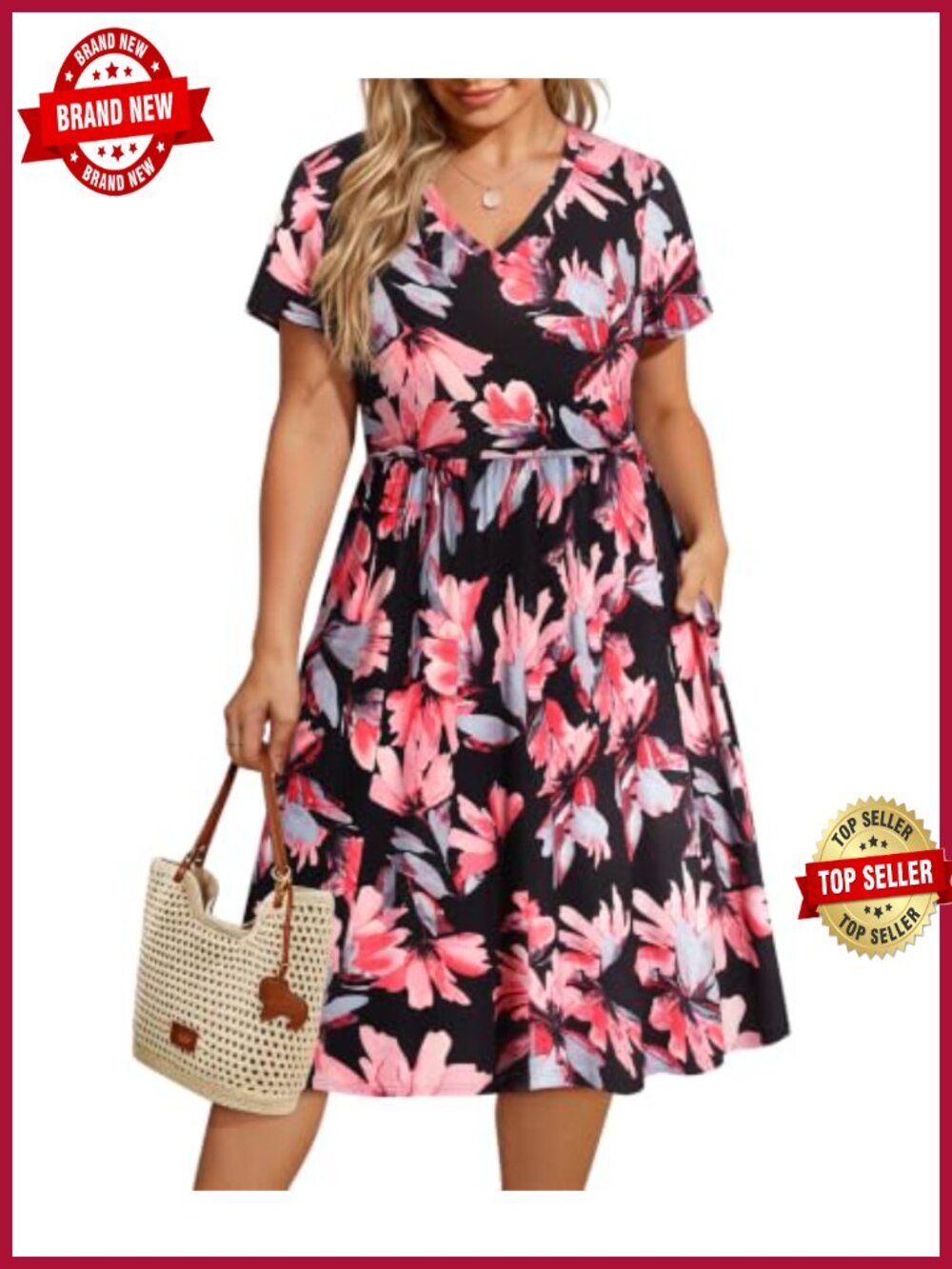 Plus Size Floral Boho Summer Dress V Neck Short Sleeve Knee Length with Pockets